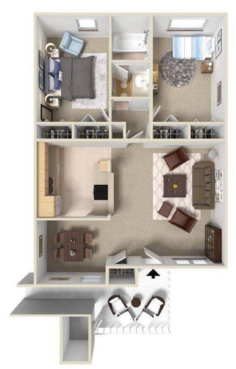 A 3D floor plan of a house showing the layout of the rooms.