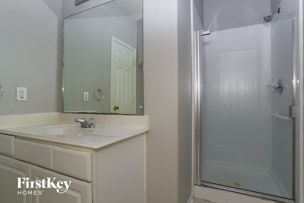 a bathroom with a sink and a shower and a mirror