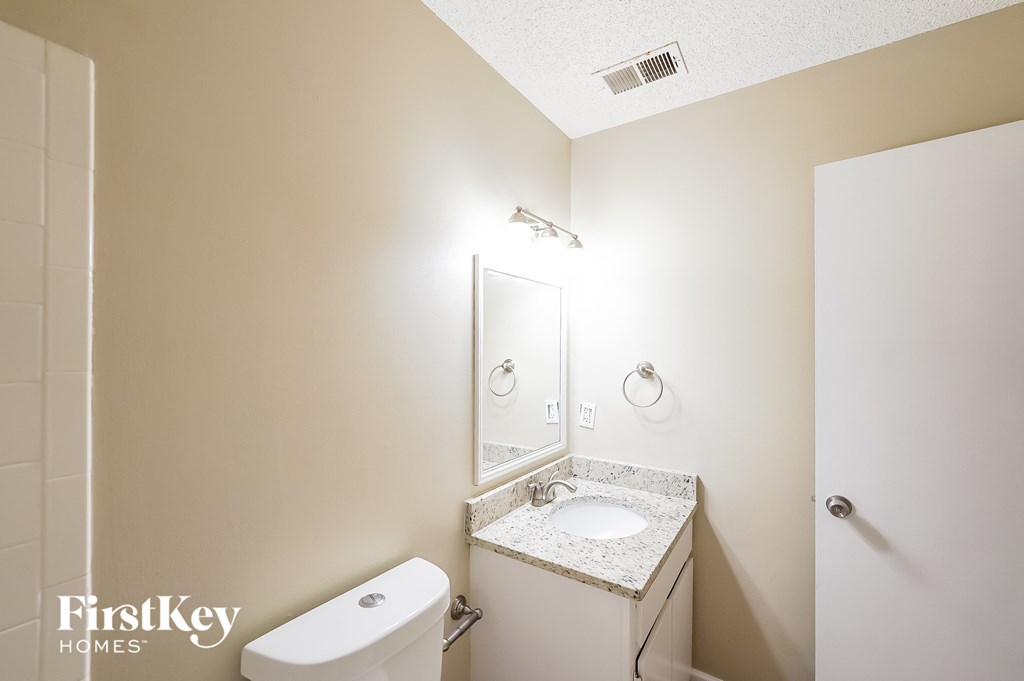 a bathroom with a sink and toilet and a mirror
