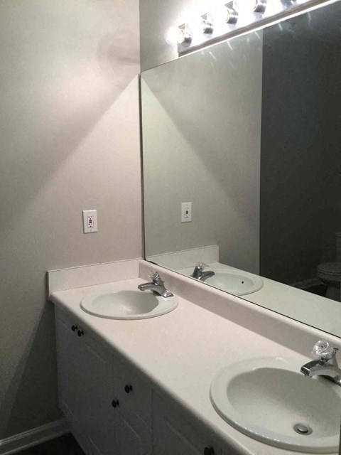 a bathroom with two sinks and a mirror