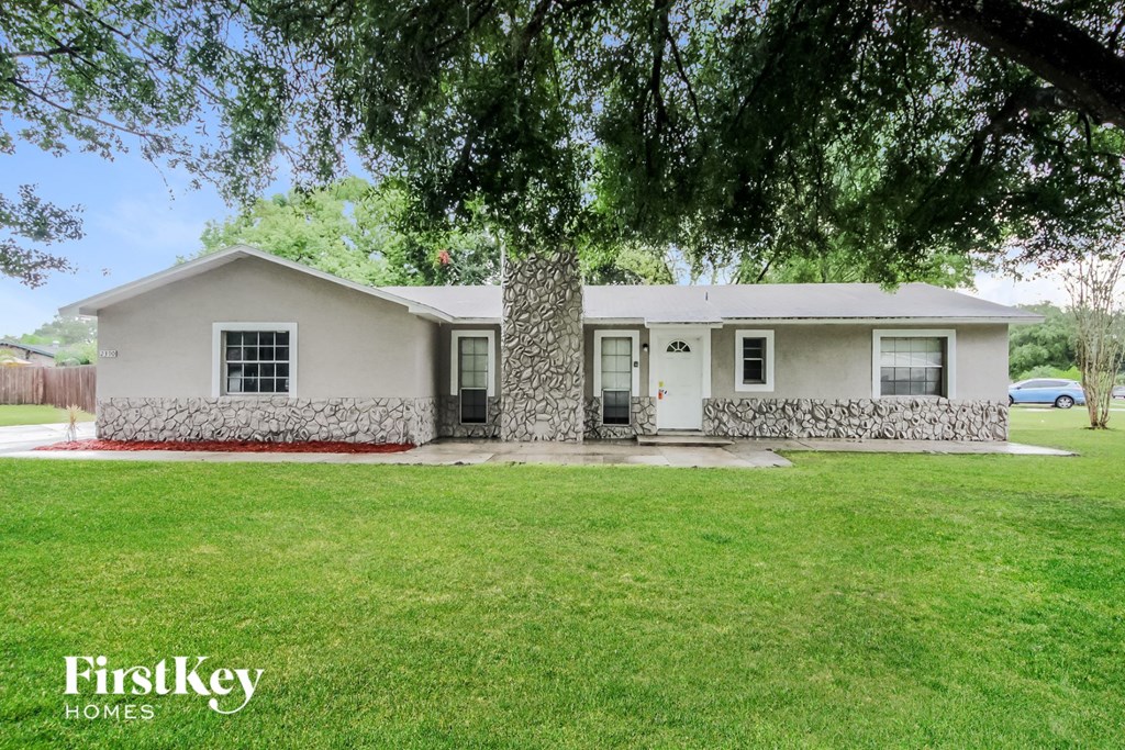 a white house with a large tree in the front