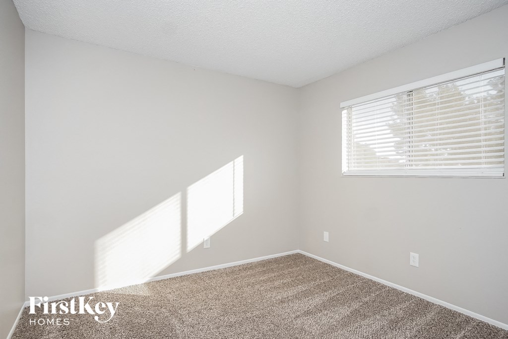 a bedroom with a carpeted floor and a window