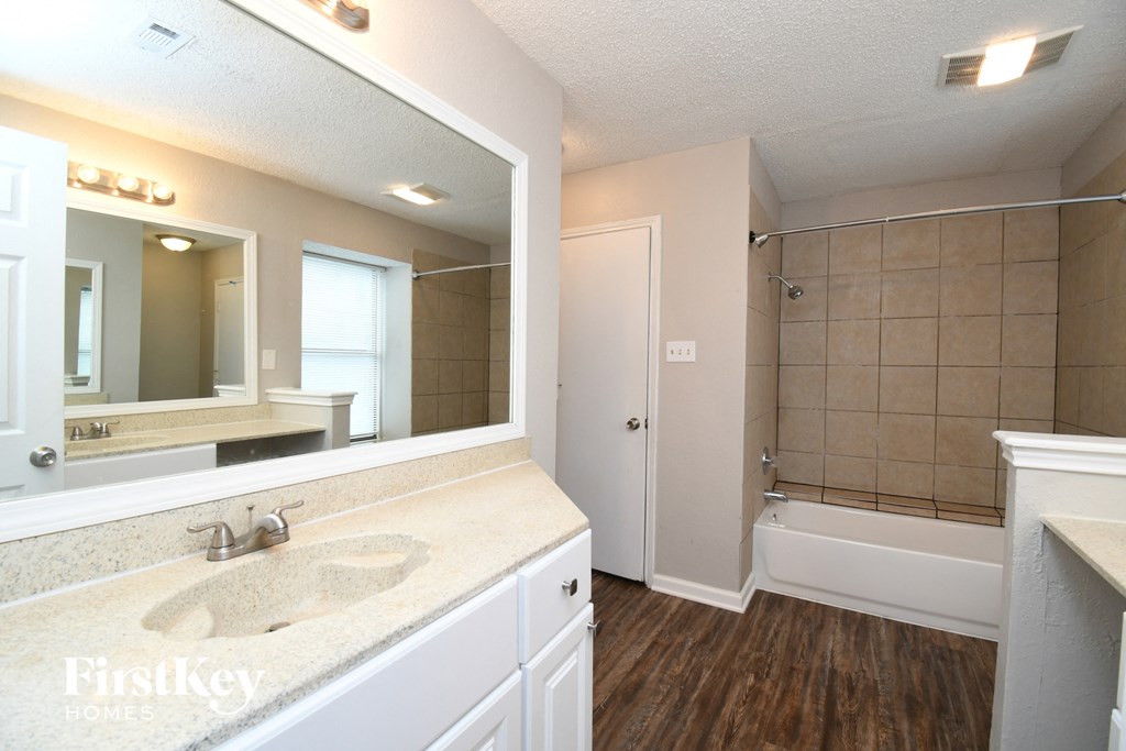 a bathroom with a sink and a mirror and a shower