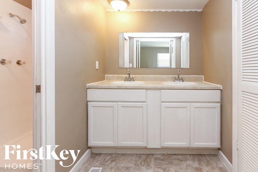 a bathroom with a sink and a mirror and a shower