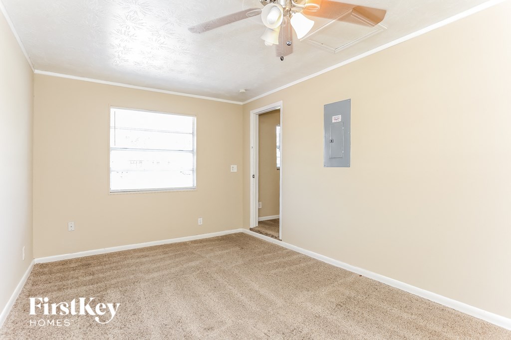 A room with a carpeted floor and a ceiling fan.