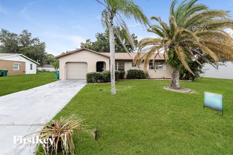a home with a palm tree in the yard and a driveway