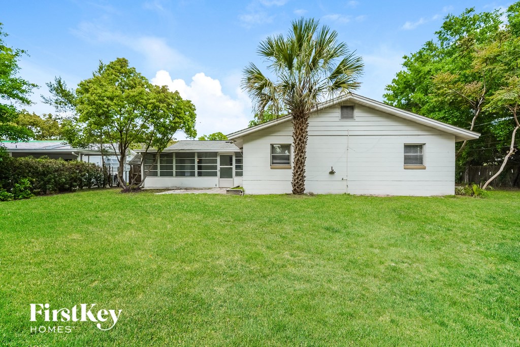 a small white house with a palm tree in the yard