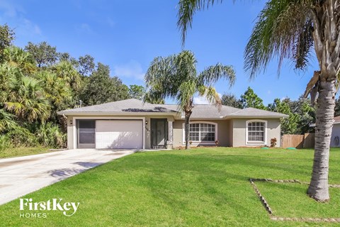 a house with a lawn and palm trees