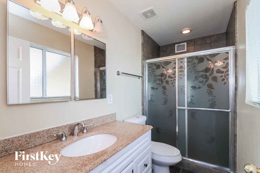 a bathroom with a sink and a shower and a toilet