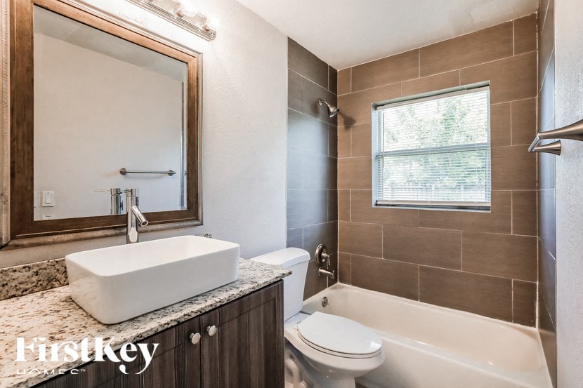 a bathroom with a sink and a toilet and a bath tub