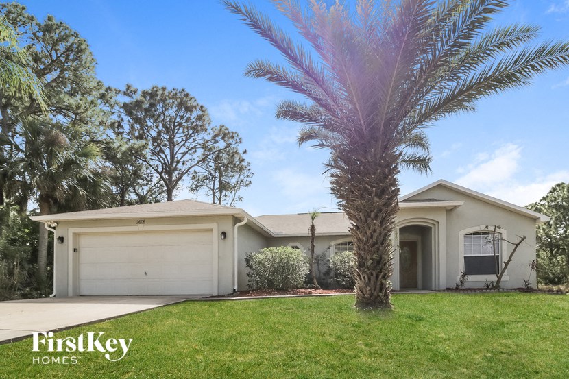 A palm tree stands in front of a house with a garage.