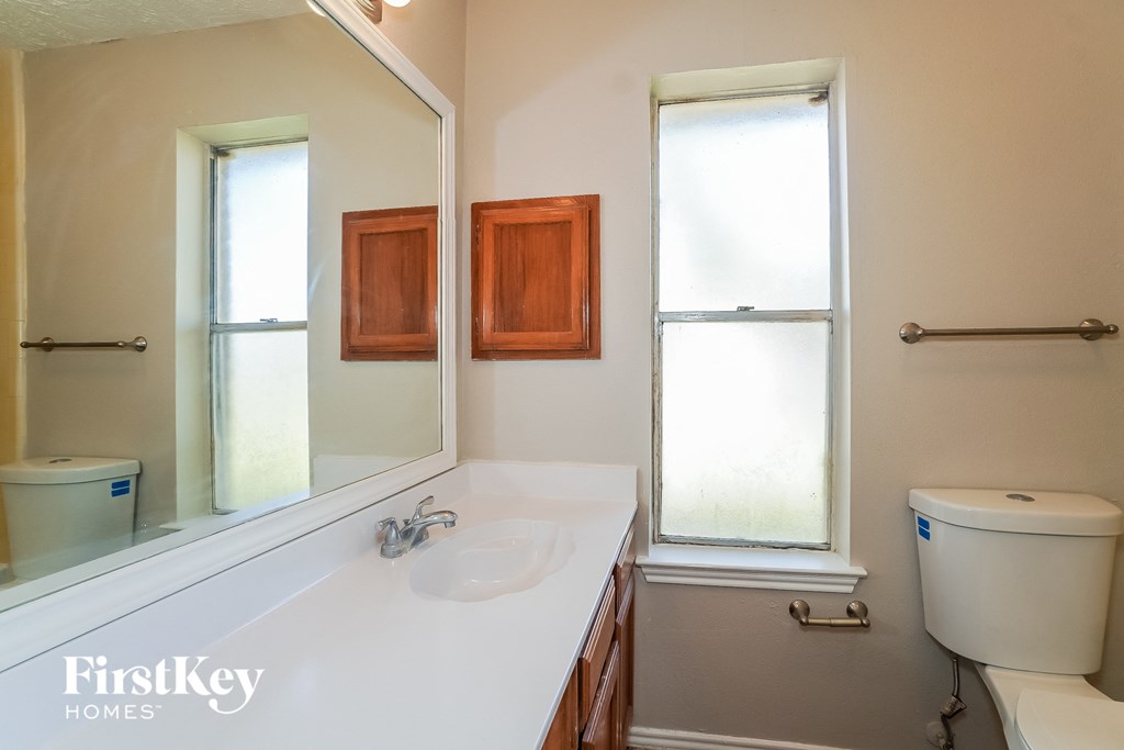 a bathroom with a sink and a mirror and a toilet