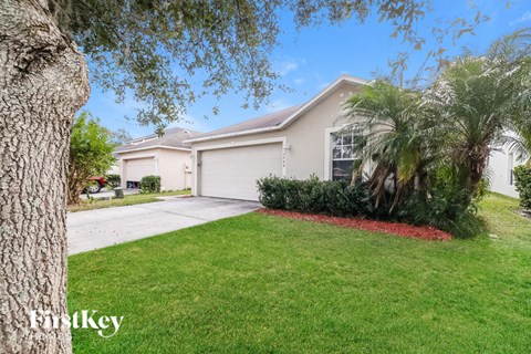 a home with a lawn and a palm tree