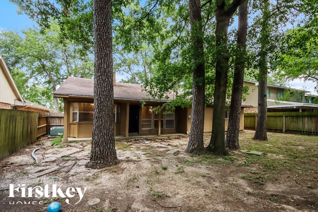 A tree-filled backyard with a house in the background.