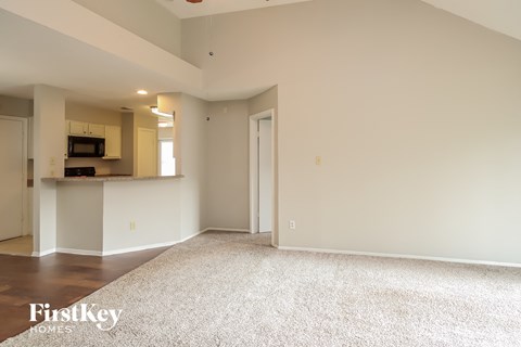a living room with a carpet and a kitchen