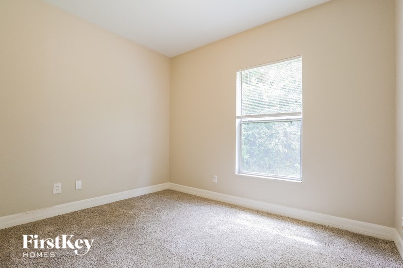 A room with a window and a carpeted floor.