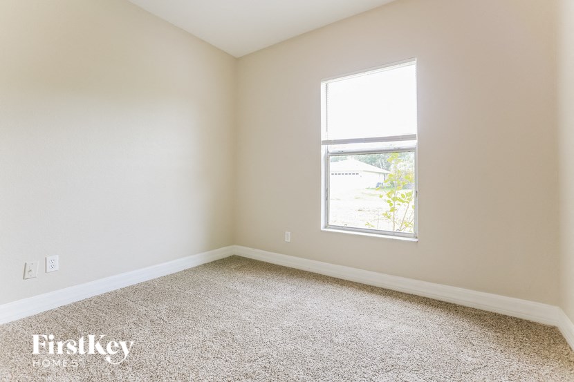 A room with a carpeted floor and a window letting in light.