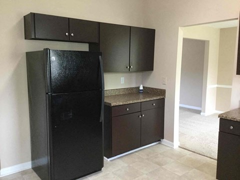 a kitchen with black cabinets and a black refrigerator