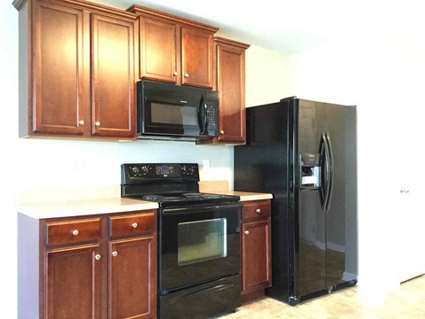 A black refrigerator is in a kitchen with wooden cabinets.