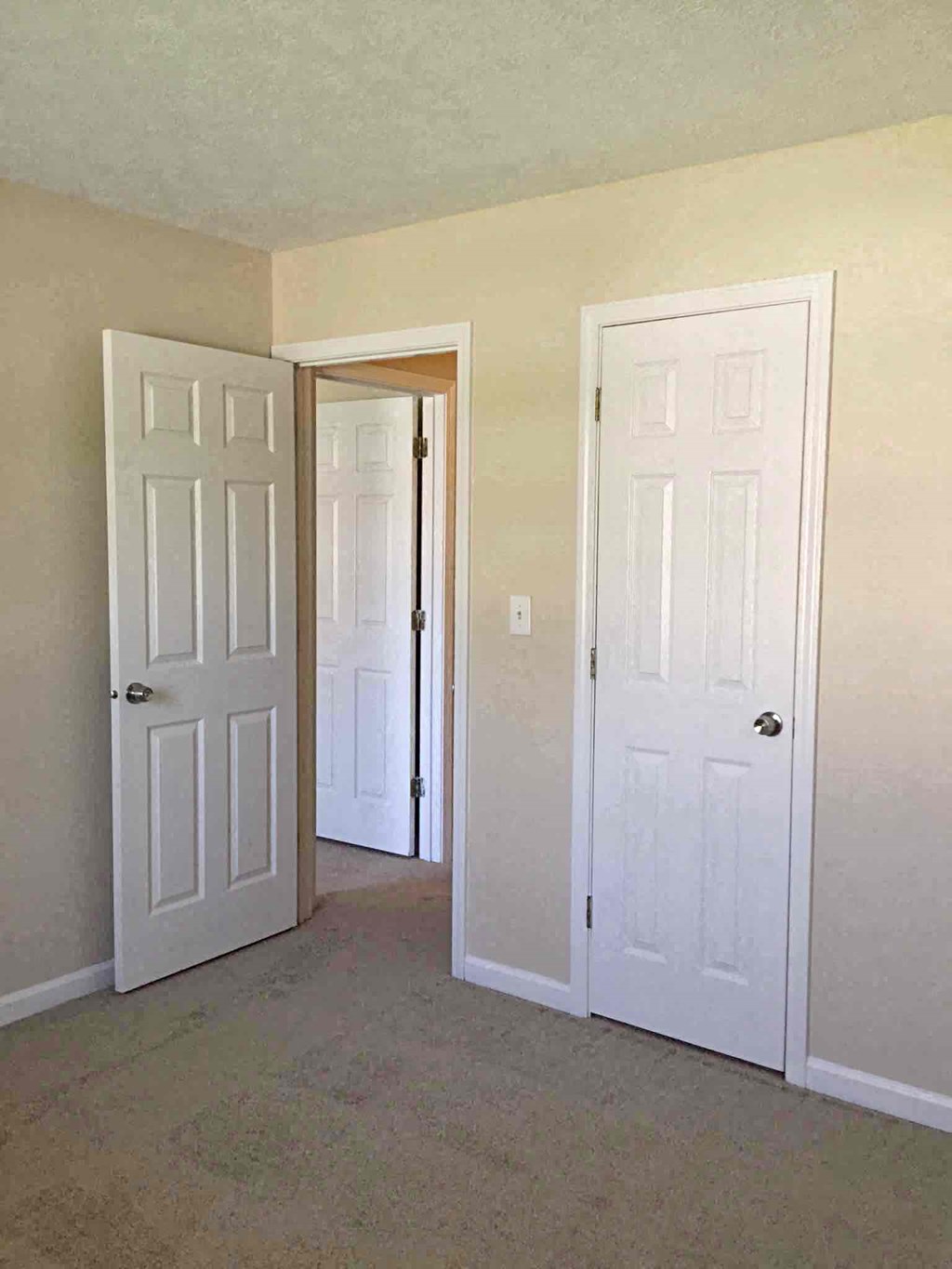 Two white doors in a room with carpeted floor.