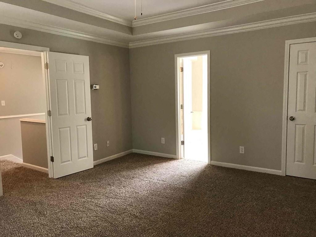 A room with carpeted floor and white doors.