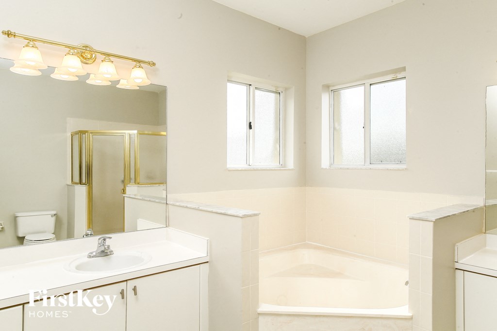 a bathroom with a sink and a tub and a mirror