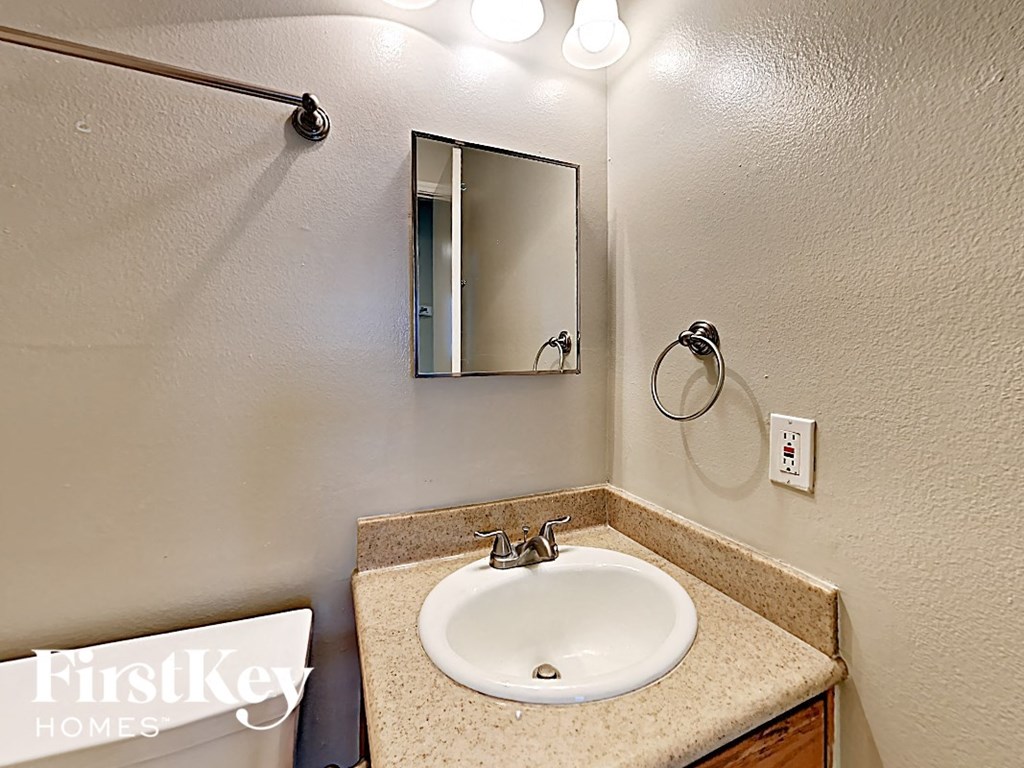 a bathroom with a sink and a mirror
