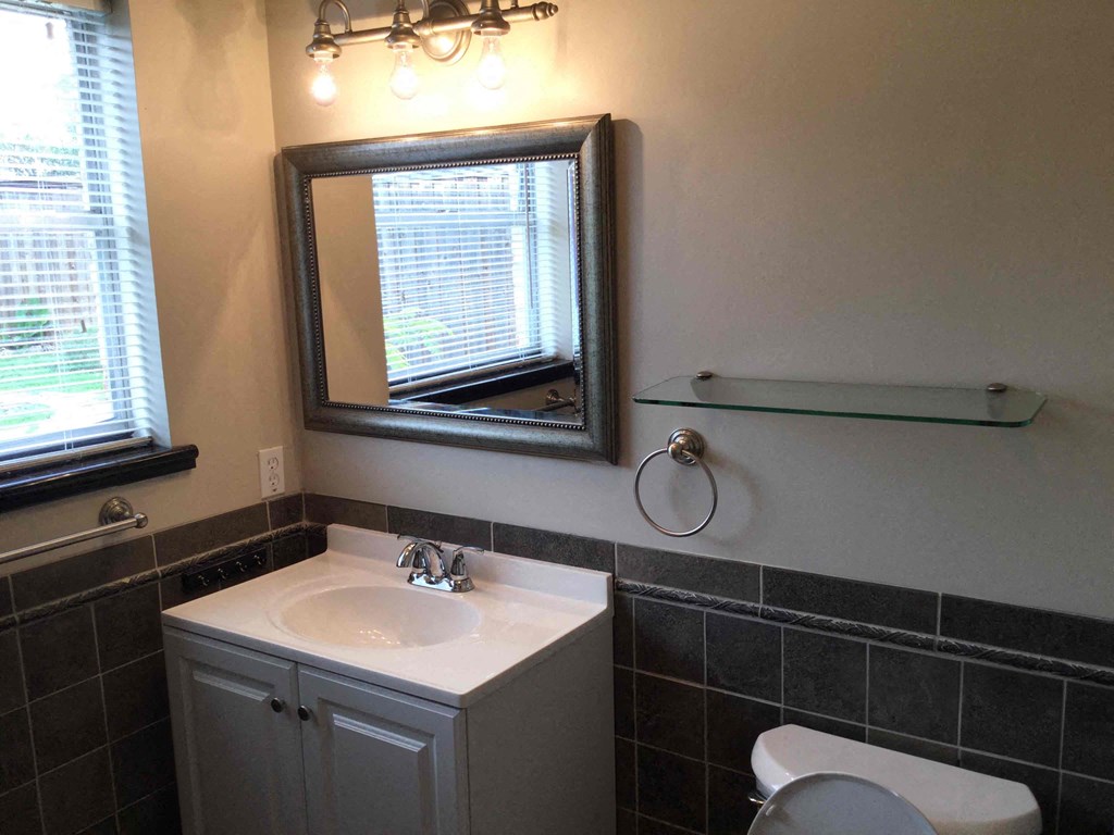 A bathroom with a white sink and a mirror above it.