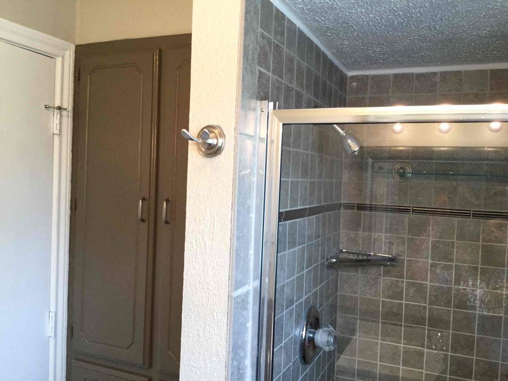 A bathroom with a shower and a brown door.
