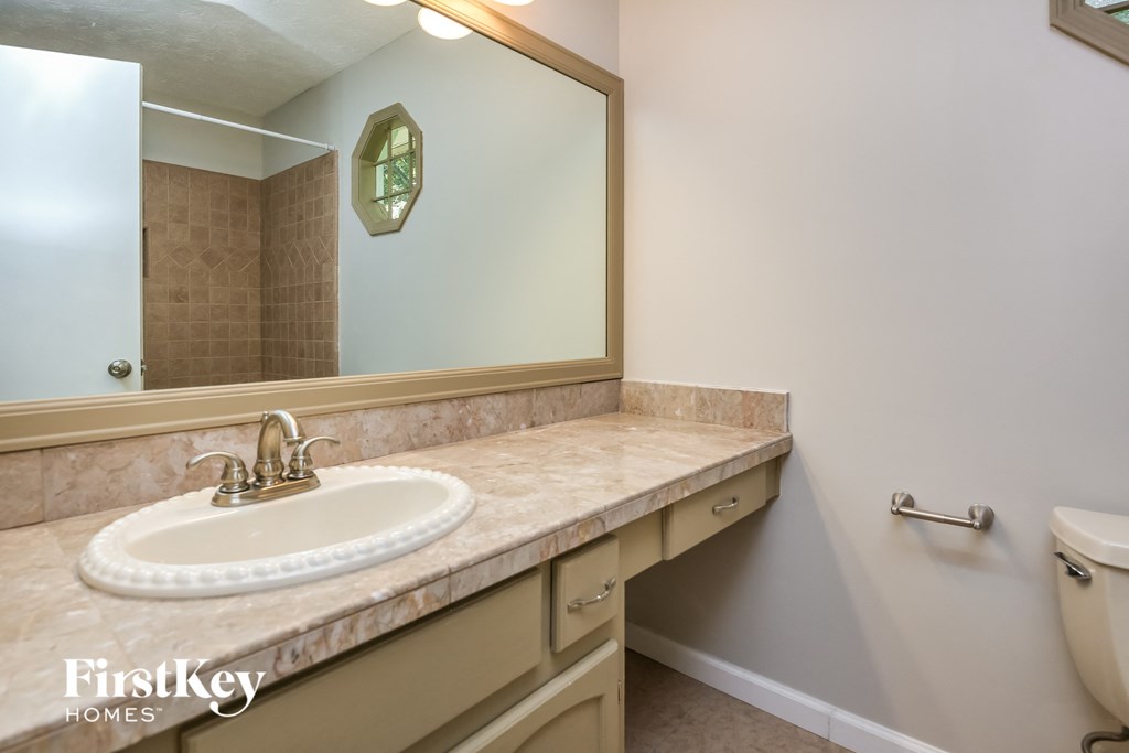 a bathroom with a sink and a mirror and a toilet