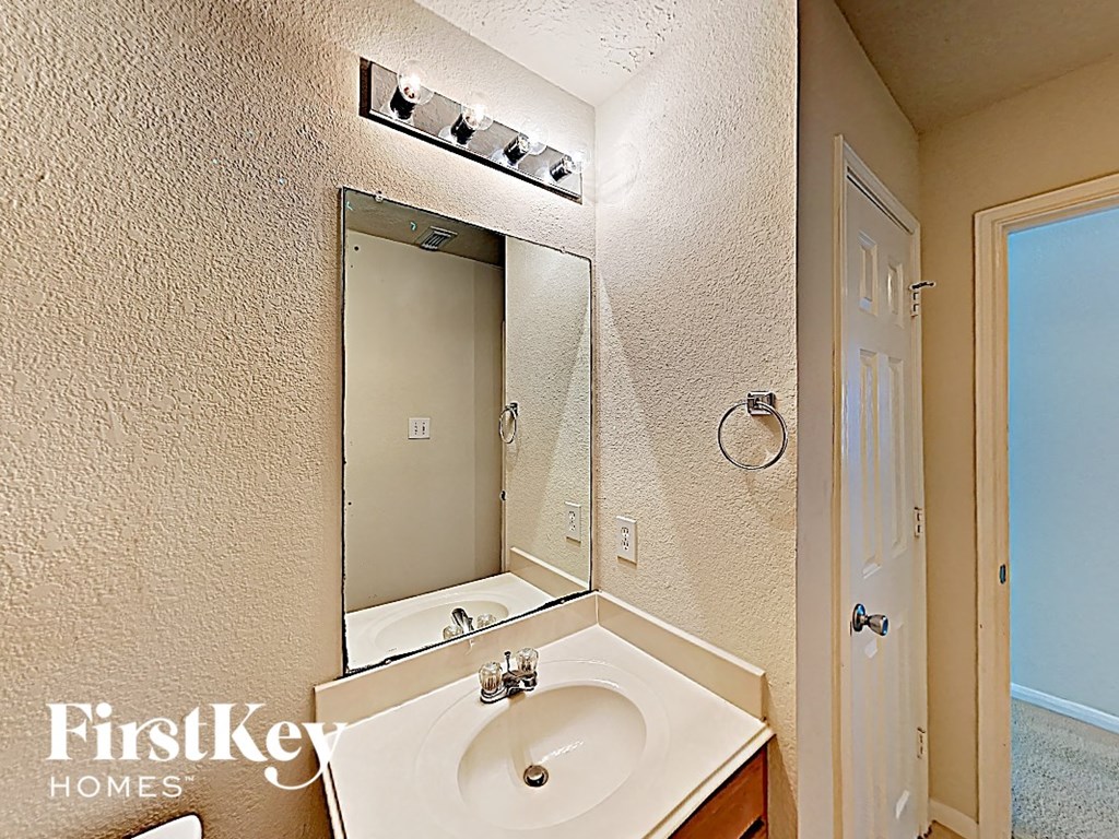 a bathroom with a sink and a large mirror