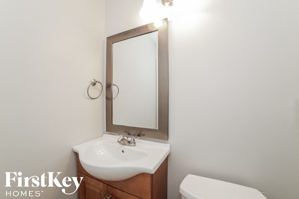 a bathroom with a sink and a mirror and a toilet