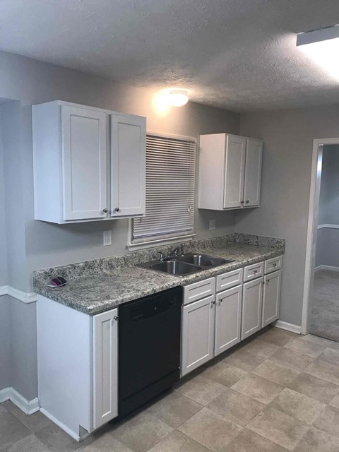 a kitchen with white cabinets and granite counter tops and a sink