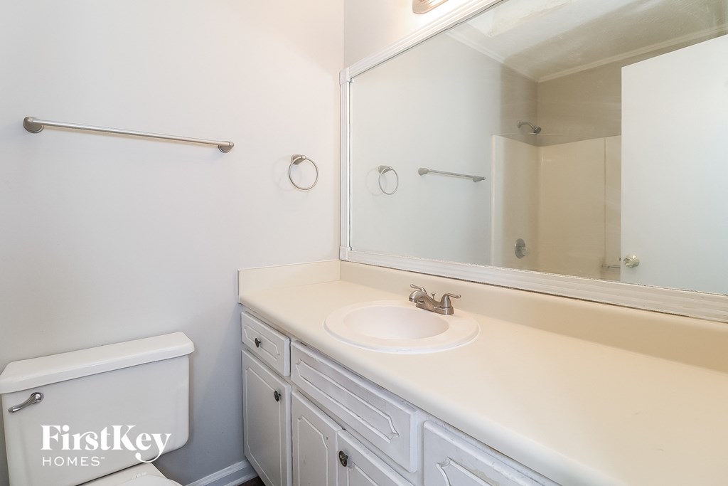 a bathroom with a sink and a mirror and a toilet