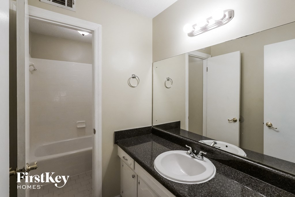 a bathroom with a sink and a shower and a mirror