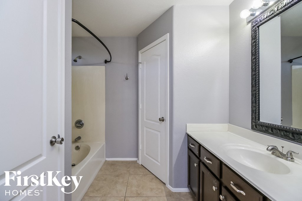 a bathroom with a sink and a mirror and a shower and a bath tub