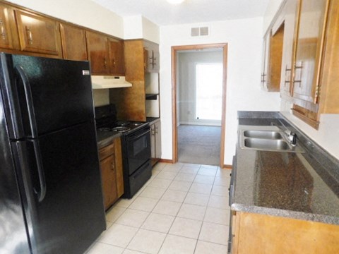 a kitchen with a black refrigerator and a sink