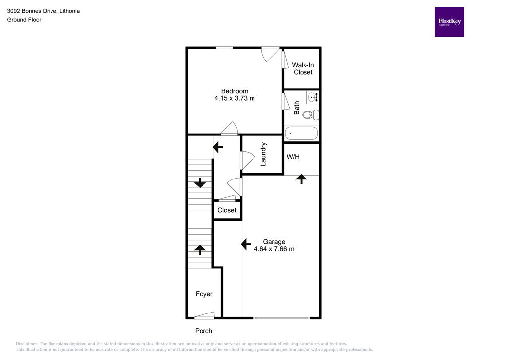 A floor plan of a house with a bedroom, bathroom, laundry, closet, garage, and foyer.