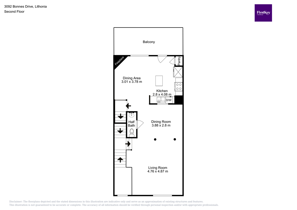 A floor plan of a second floor apartment with a dining area, kitchen, and living room.