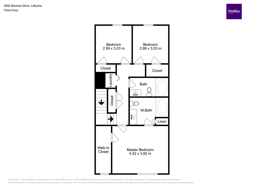 A floor plan of a third floor apartment with two bedrooms, a bathroom, and a walk-in closet.