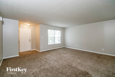 A spacious room with a carpeted floor and a window letting in natural light.
