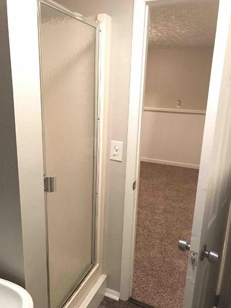 a bathroom with a shower door and a sink