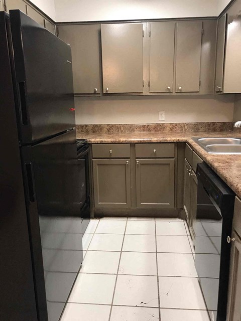 A black refrigerator is in a kitchen with a black dishwasher and a sink.
