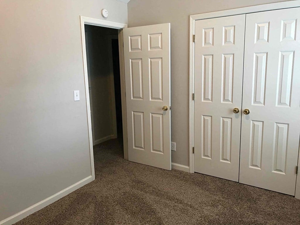 a room with two doors and a carpeted floor and a closet