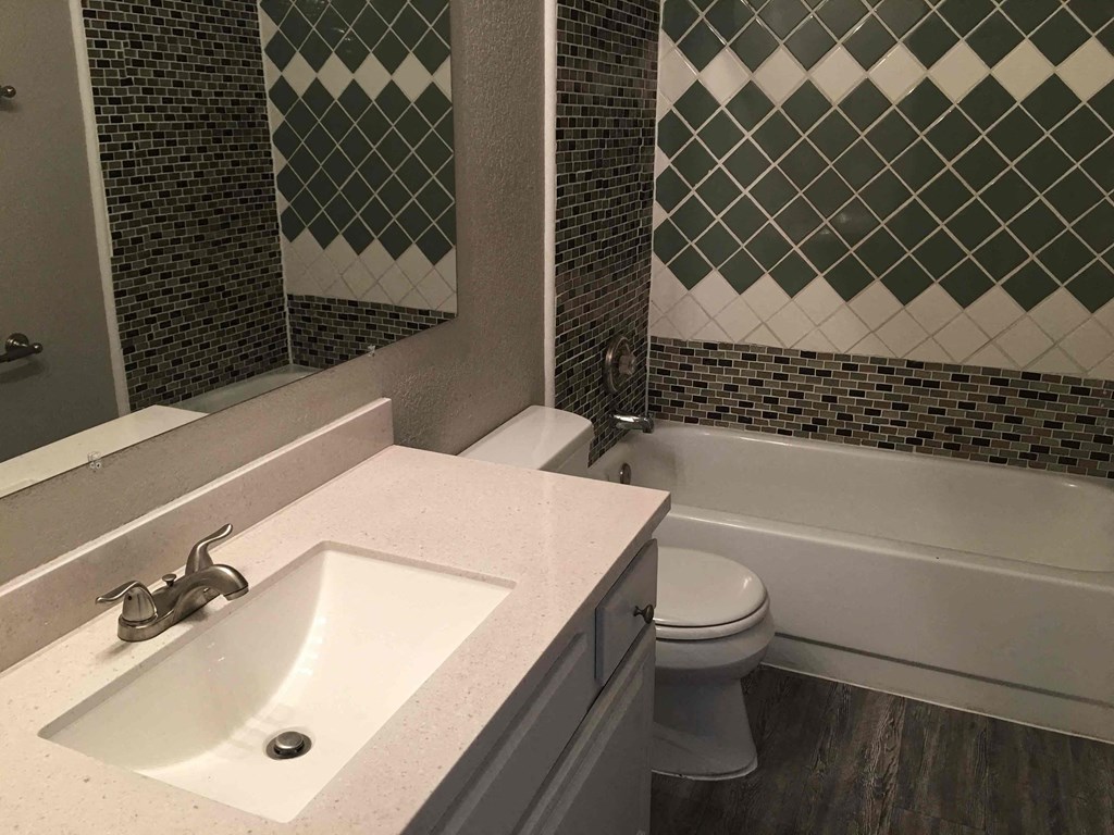 a bathroom with a sink and a toilet and a bath tub