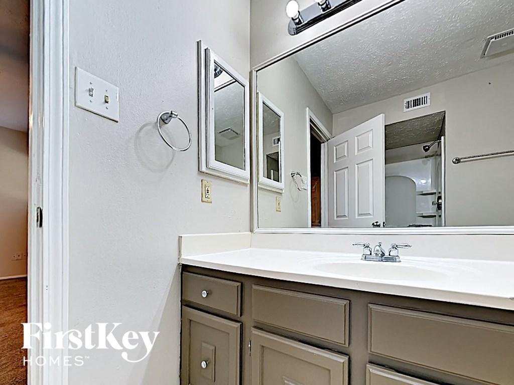 a bathroom with a white sink and a mirror