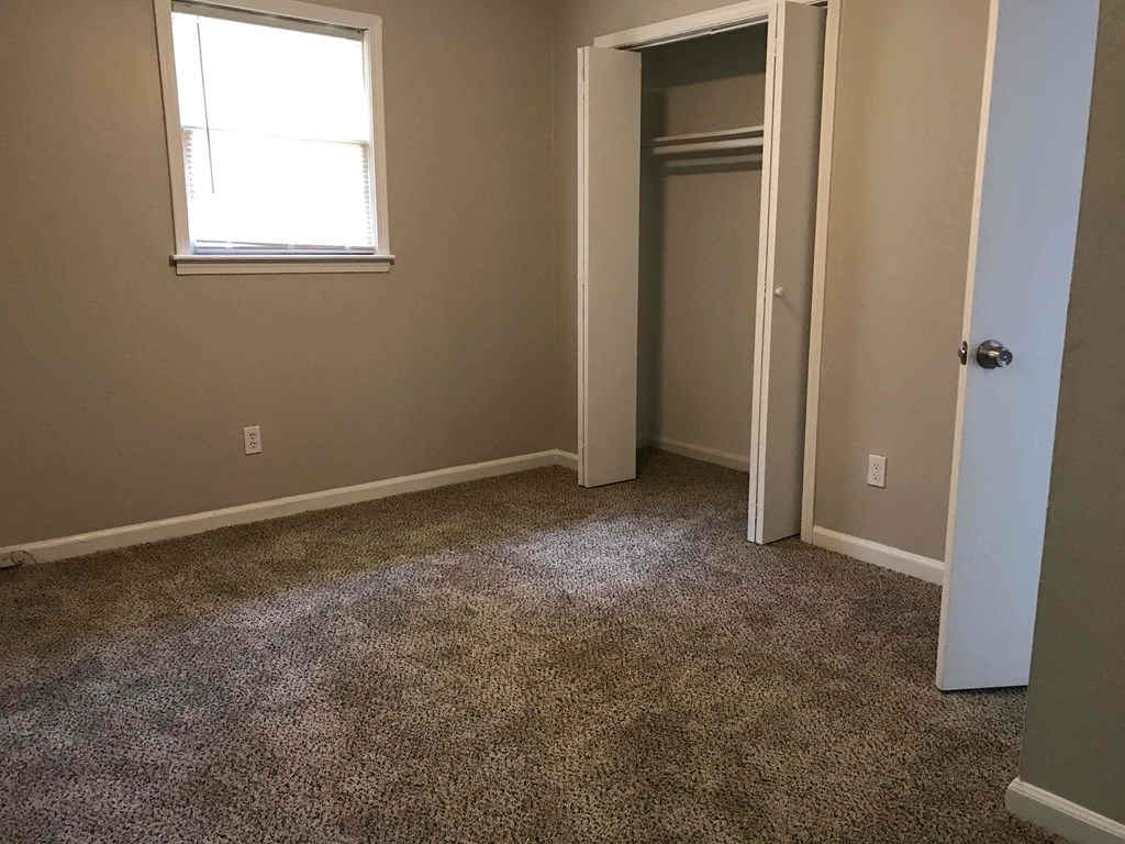 a room with carpet and a closet and a window