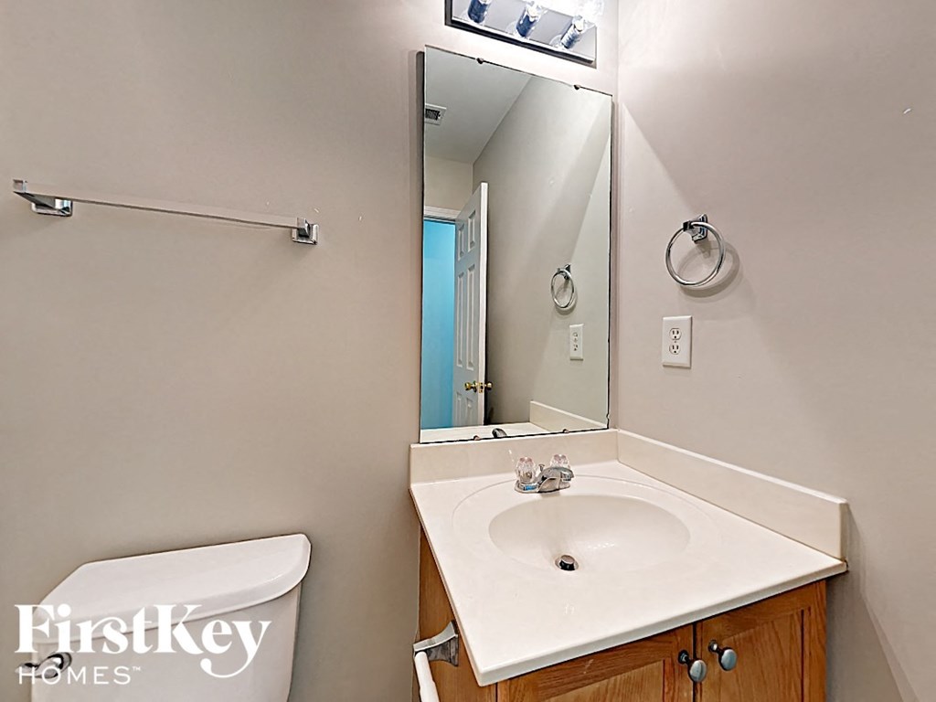 a bathroom with a sink and a mirror and a toilet