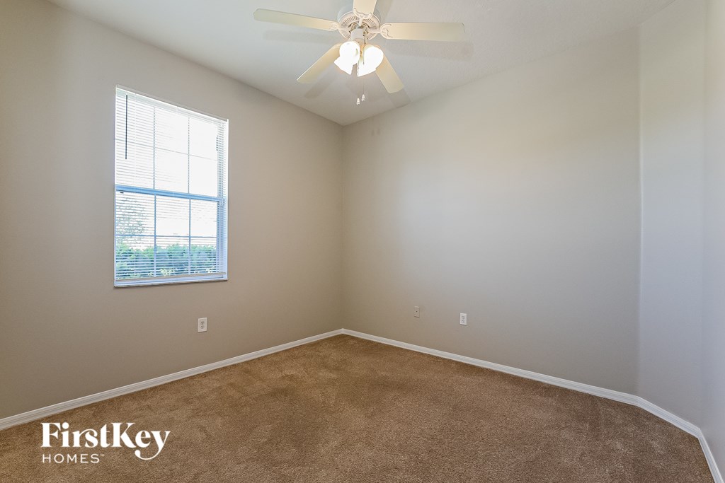 A room with a carpet floor, a ceiling fan, and a window with blinds.