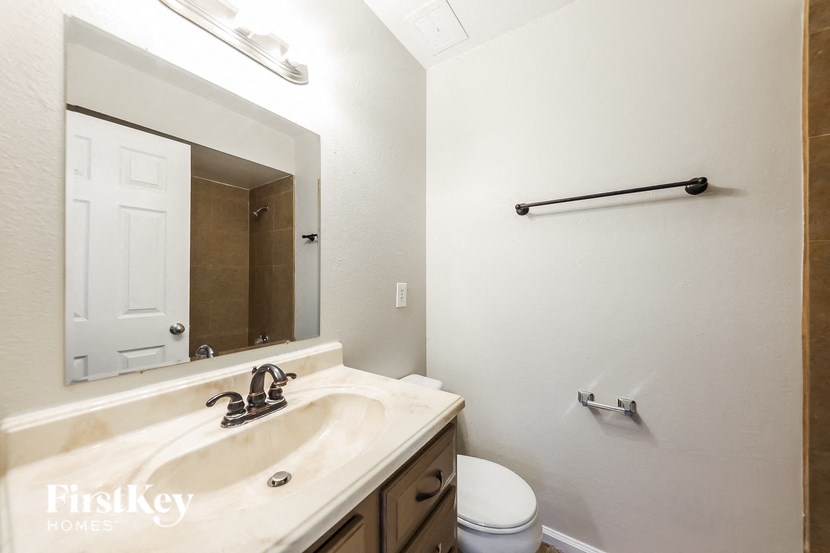 a bathroom with a sink and a mirror and a toilet